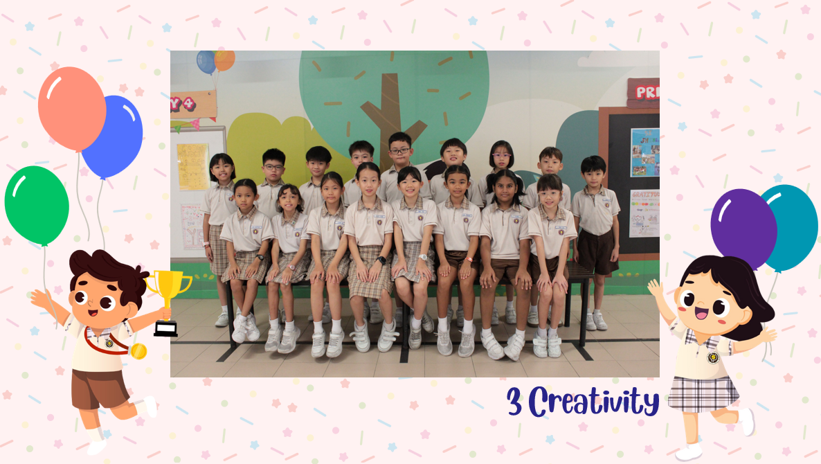 A group of Primary 3C students posing for a class photo after receiving class awards.