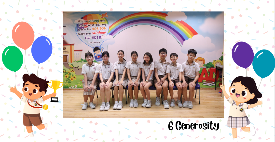 A group of Primary 6G students posing for a class photo after receiving class awards.