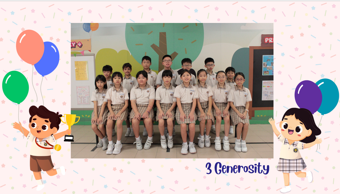 A group of Primary 3G students posing for a class photo after receiving class awards.