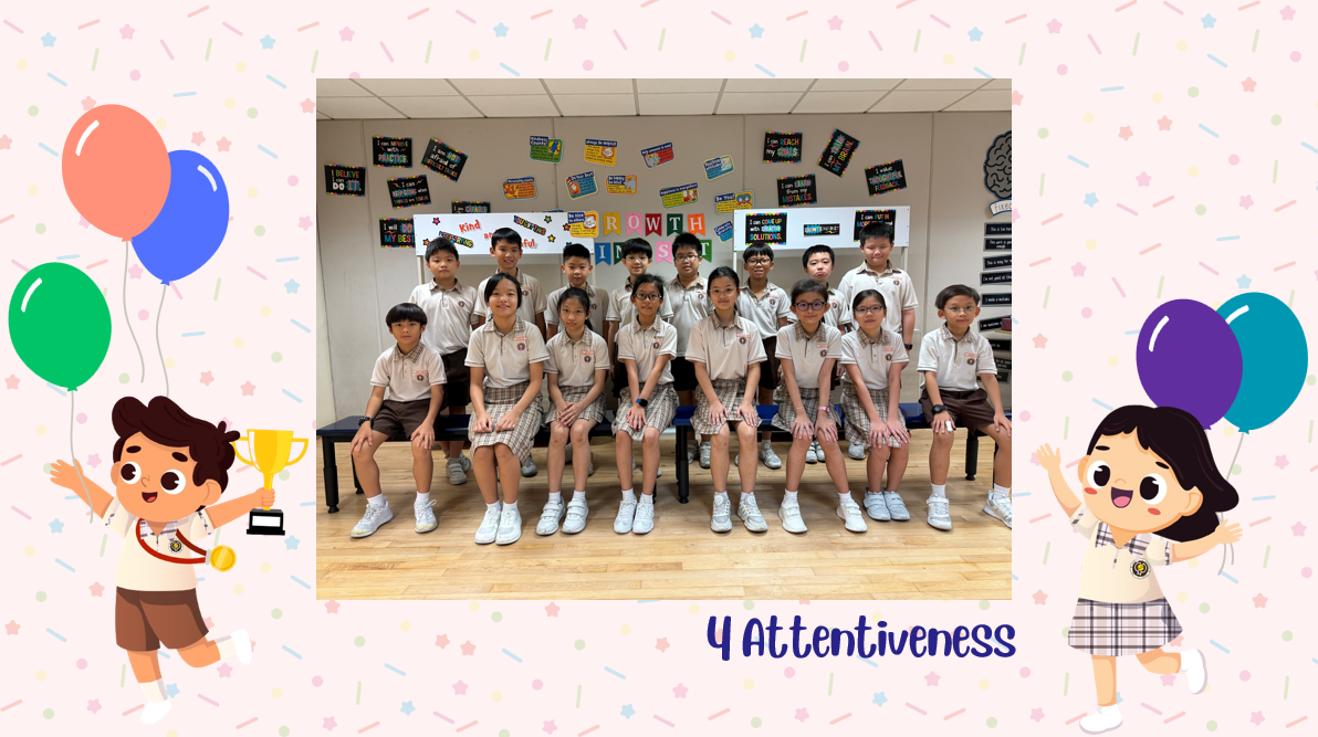 A group of Primary 4A students posing for a class photo after receiving class awards.