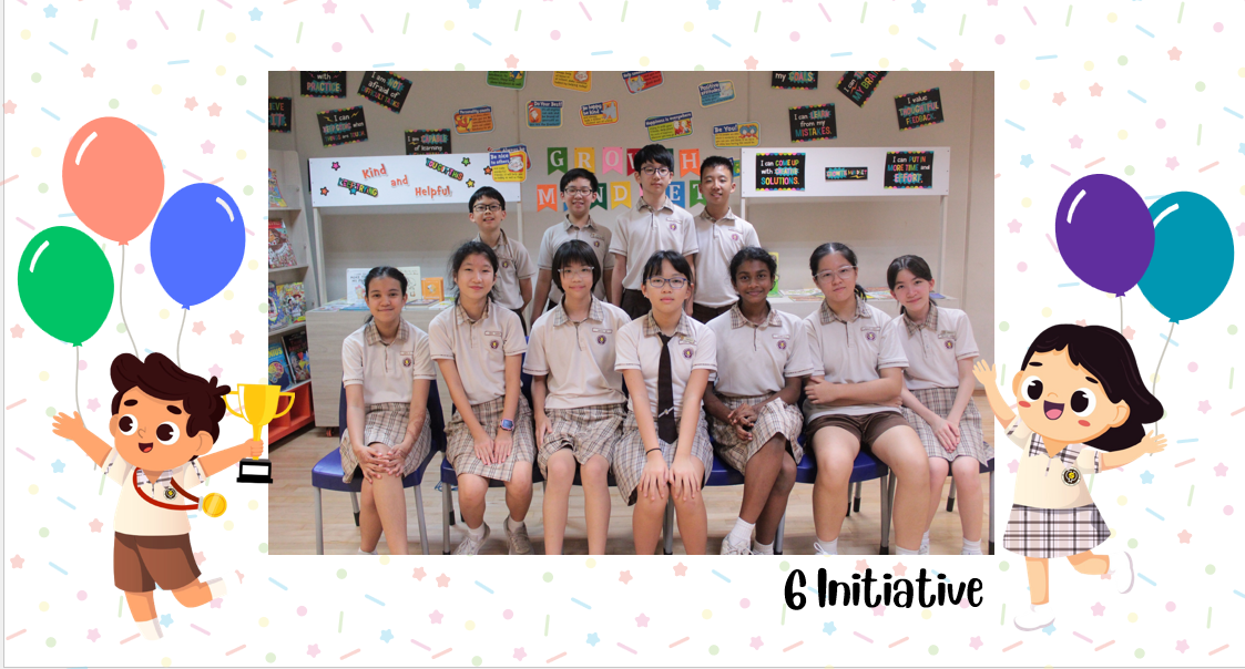 A group of Primary 6I students posing for a class photo after receiving class awards.