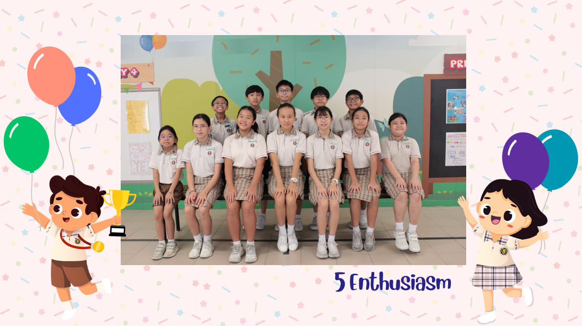 A group of Primary 5E students posing for a class photo after receiving class awards.
