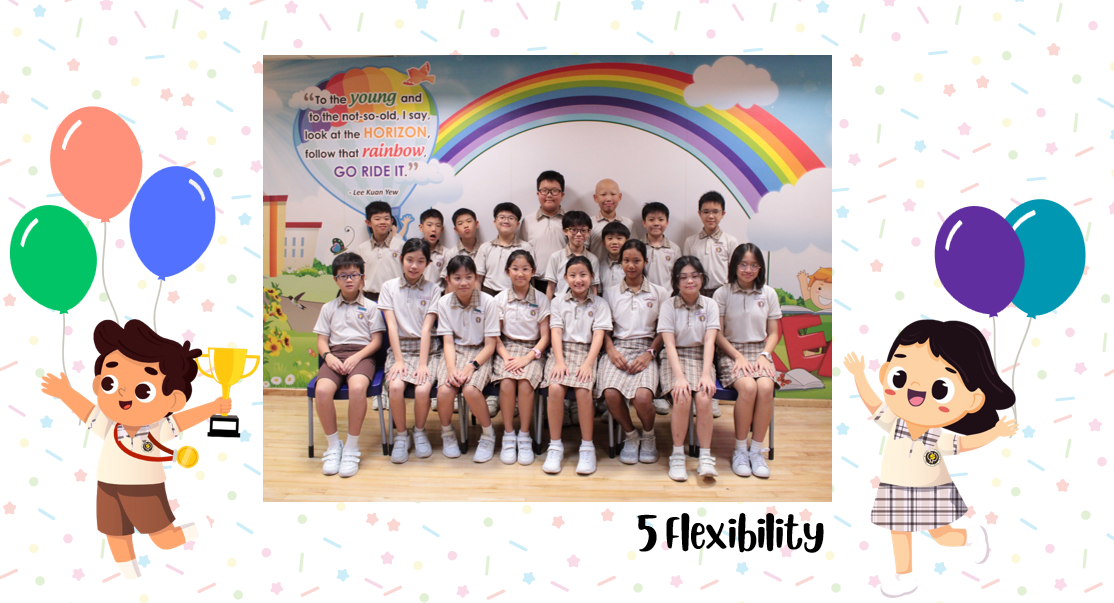 A group of Primary 5F students posing for a class photo after receiving class awards.
