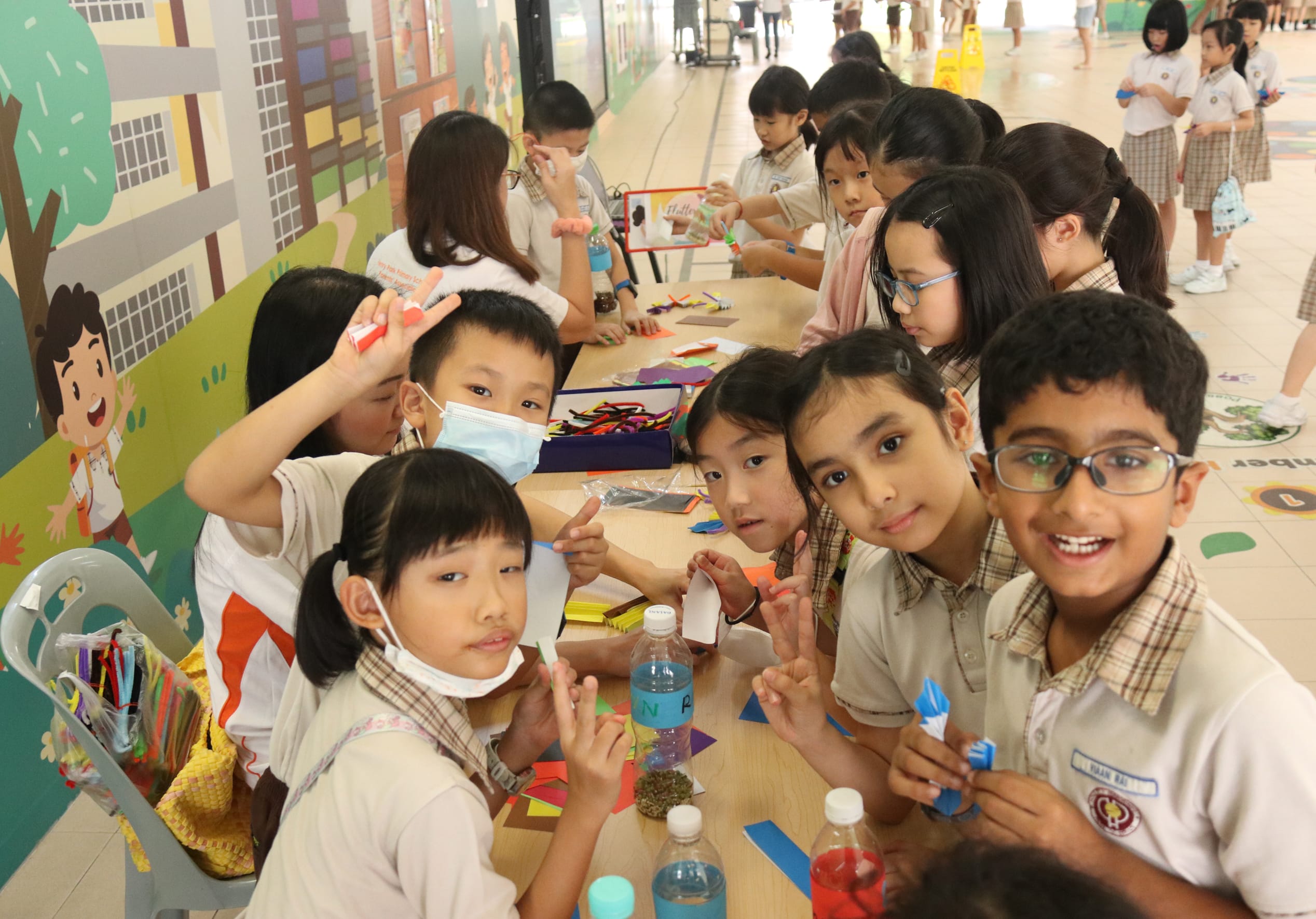 Students engaging in art and music activities during recess.
