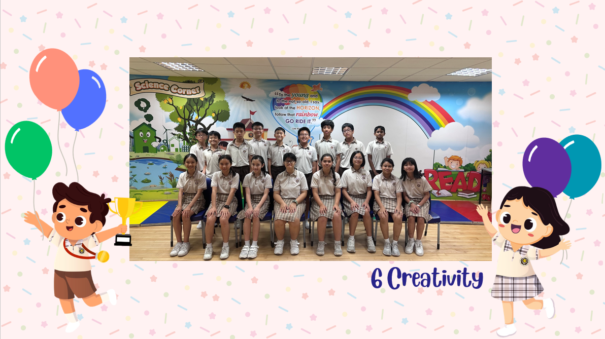 A group of Primary 6C students posing for a class photo after receiving class awards.