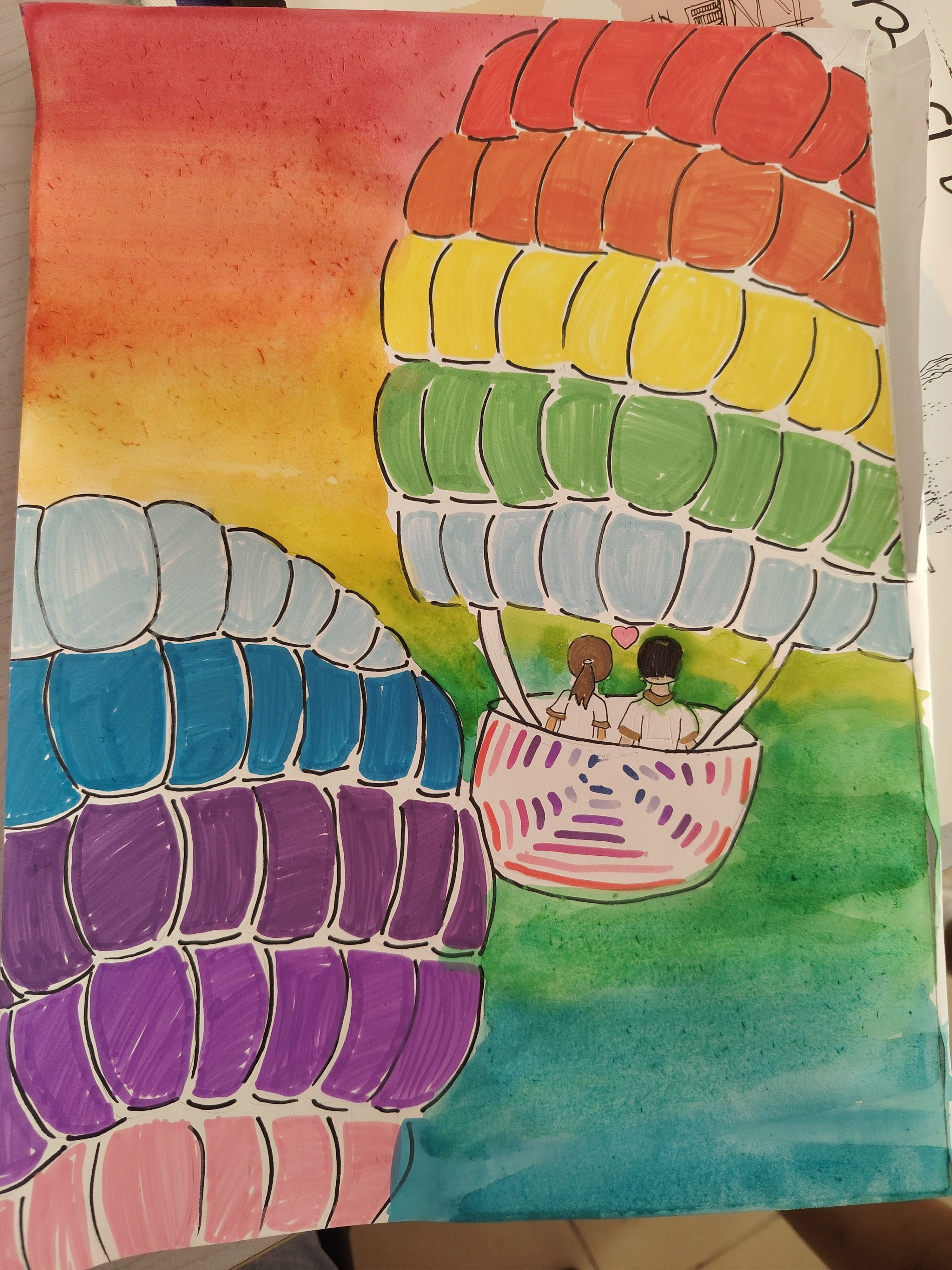 Artwork showing two hot air balloons with two students in one of the balloons