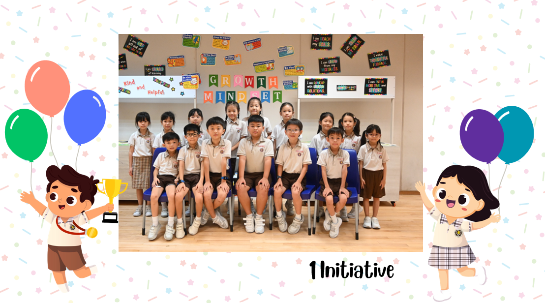 A group of Primary 1I students posing for a class photo after receiving class awards.