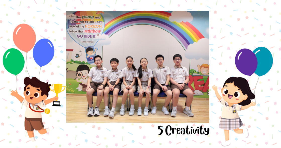 A group of Primary 5C students posing for a class photo after receiving class awards.