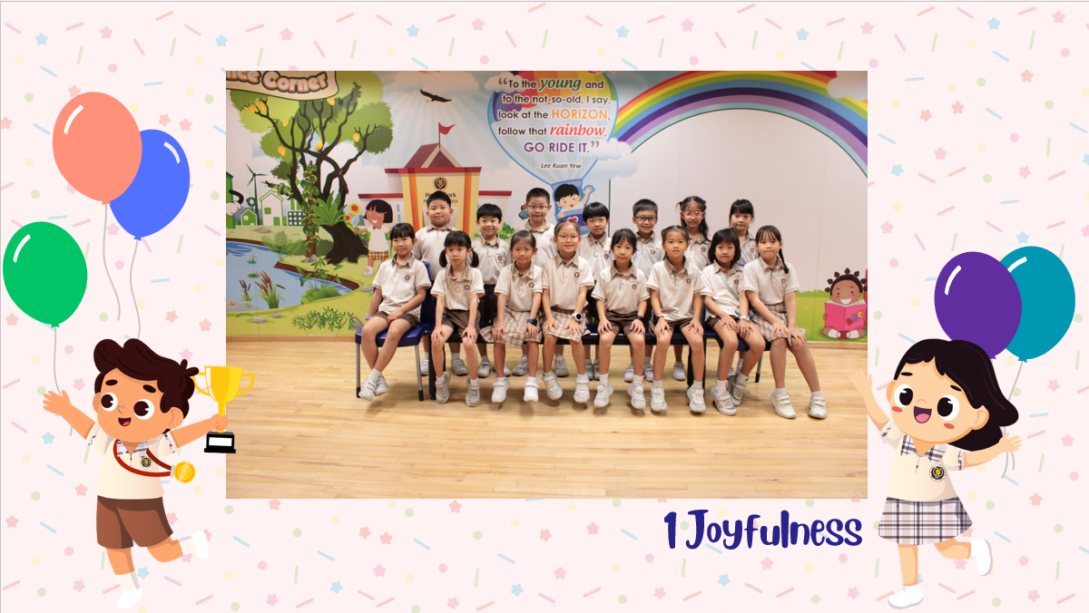 A group of Primary 1J students posing for a class photo after receiving class awards.
