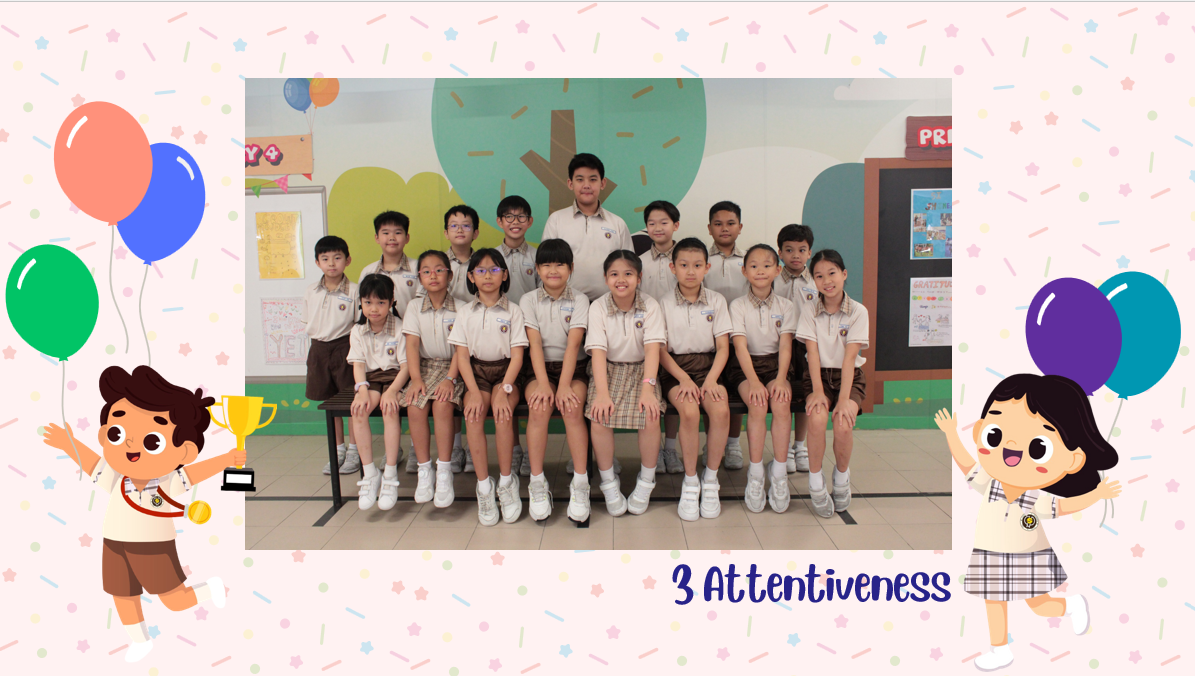 A group of Primary 3A students posing for a class photo after receiving class awards.
