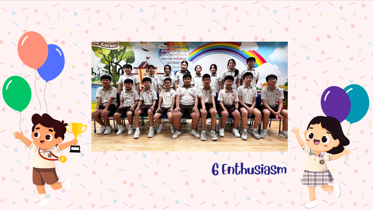 A group of Primary 6E students posing for a class photo after receiving class awards.