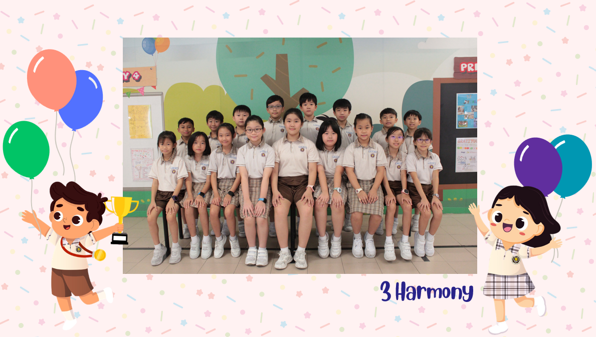 A group of Primary 3H students posing for a class photo after receiving class awards.