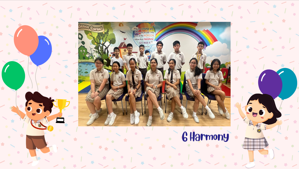 A group of Primary 6H students posing for a class photo after receiving class awards.