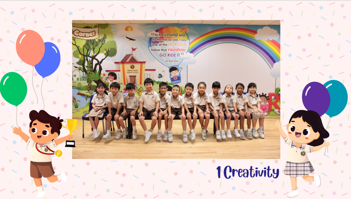 A group of Primary 1C students posing for a class photo after receiving class awards.