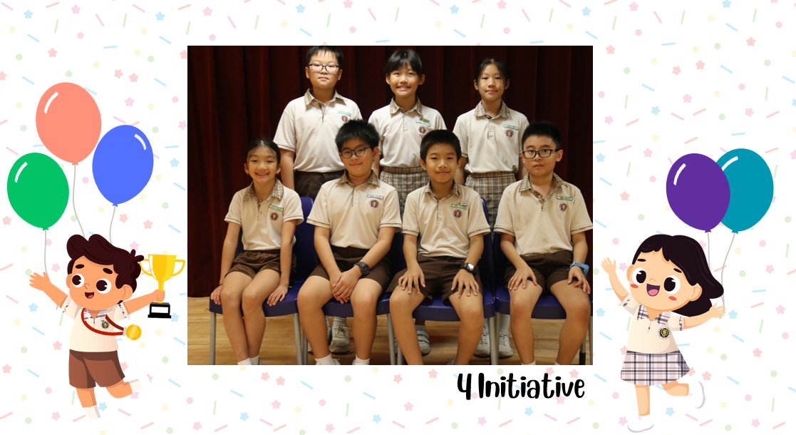 A group of Primary 4I students posing for a class photo after receiving class awards.