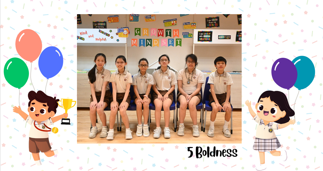 A group of Primary 5B students posing for a class photo after receiving class awards.