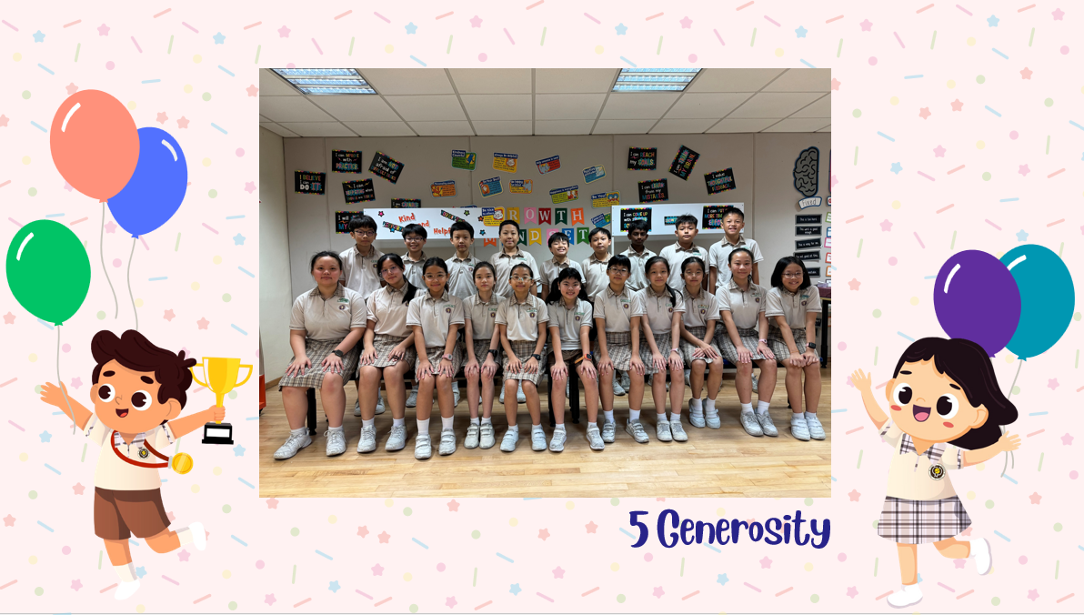 A class photo of students in uniform labeled "5 Generosity," posed in two rows inside a decorated classroom.