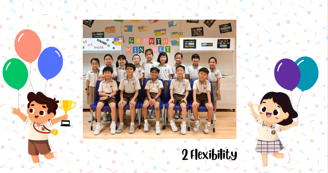 A group of Primary 2F students posing for a class photo after receiving class awards.