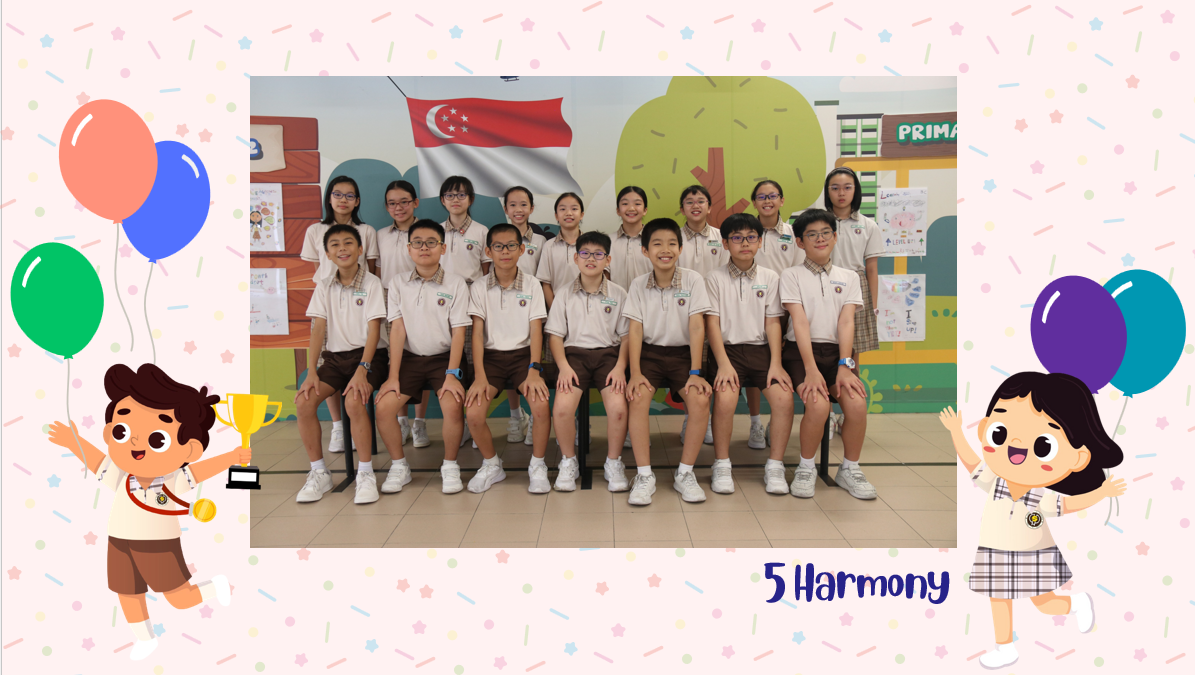 A group of Primary 5H students posing for a class photo after receiving class awards.