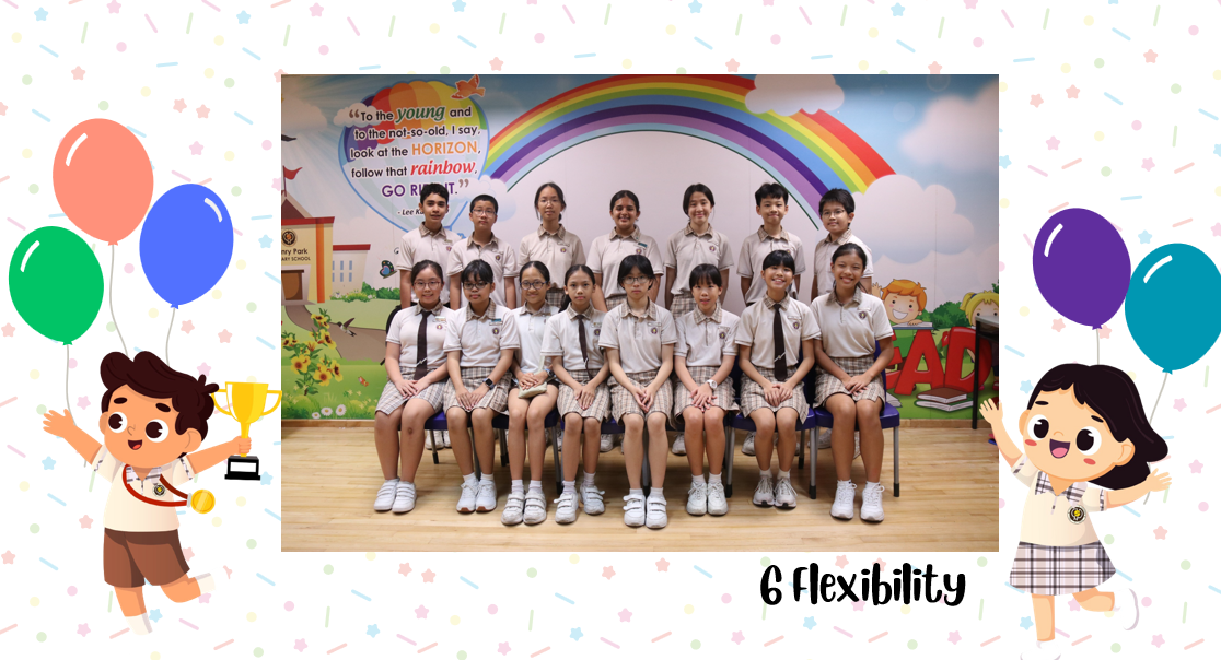 A group of Primary 6F students posing for a class photo after receiving class awards.