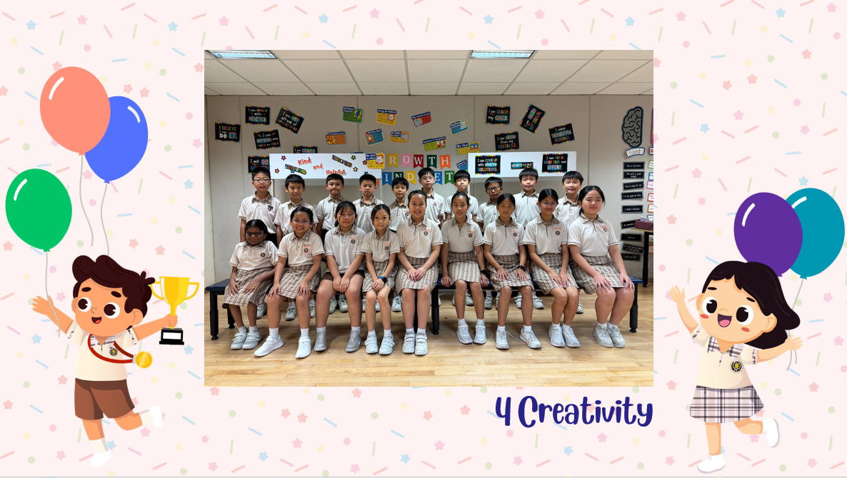A group of Primary 4C students posing for a class photo after receiving class awards.