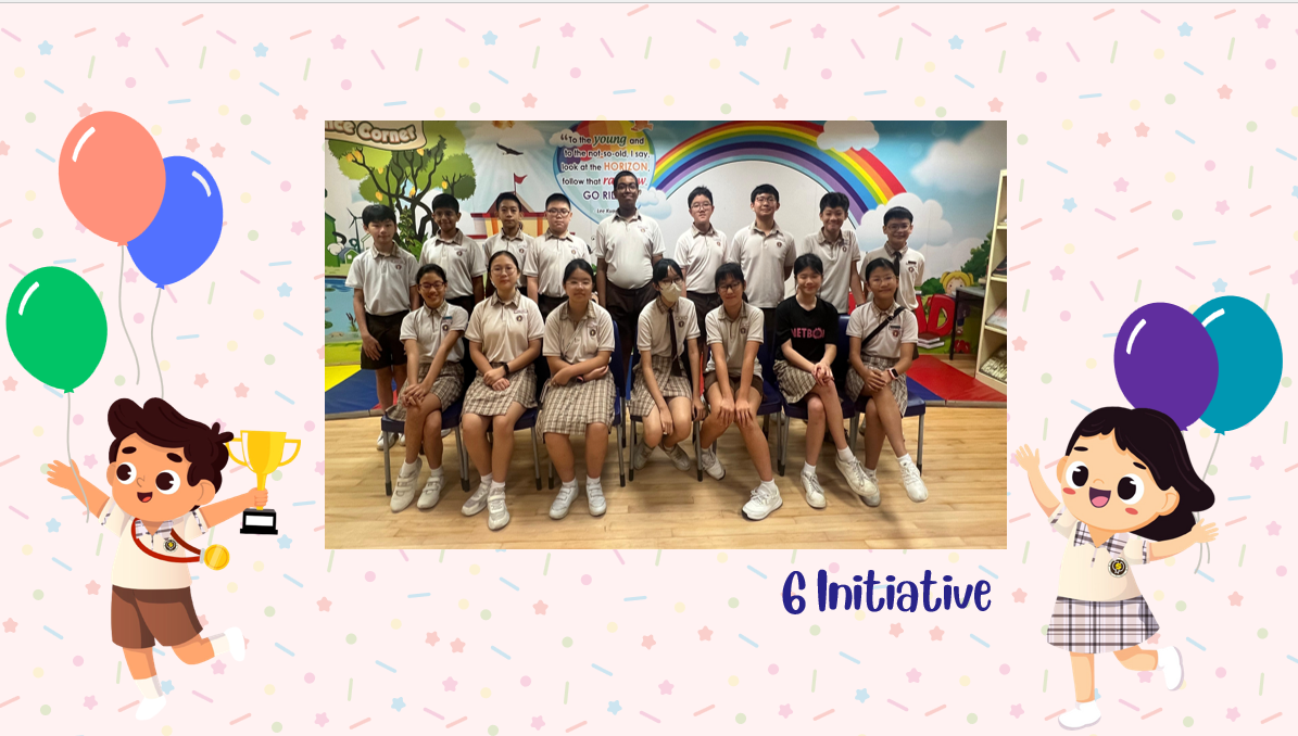 A group of Primary 6I students posing for a class photo after receiving class awards.