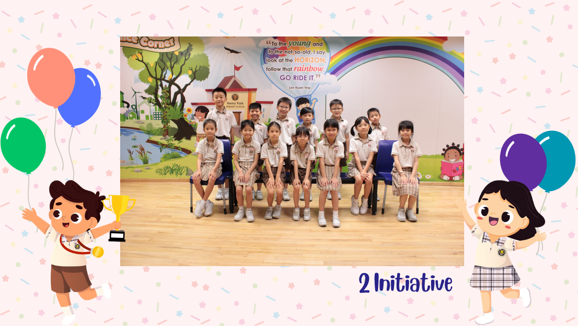 A group of Primary 2I students posing for a class photo after receiving class awards.