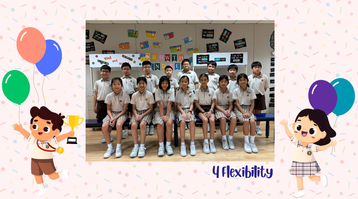 A group of Primary 4F students posing for a class photo after receiving class awards.