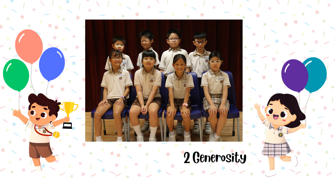 A group of Primary 2G students posing for a class photo after receiving class awards.