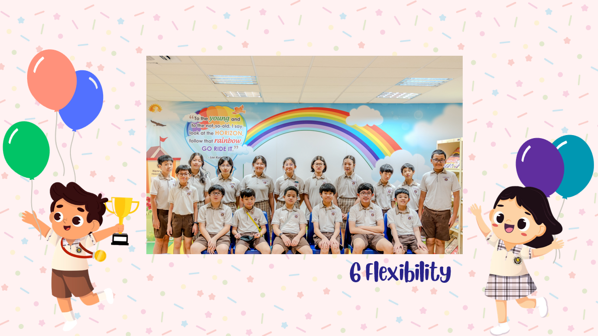 A group of Primary 6F students posing for a class photo after receiving class awards.