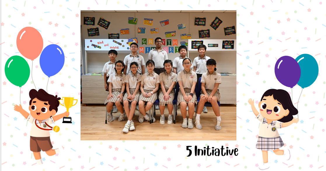 A group of Primary 5I students posing for a class photo after receiving class awards.