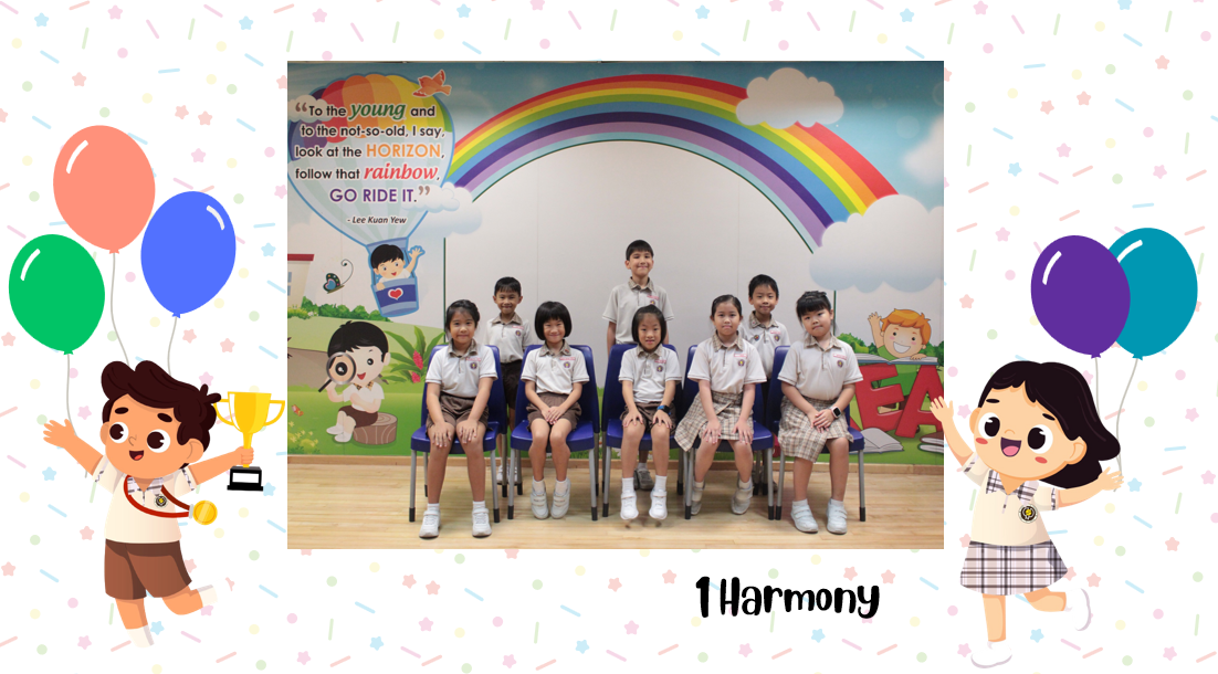 A group of Primary 1H students posing for a class photo after receiving class awards.