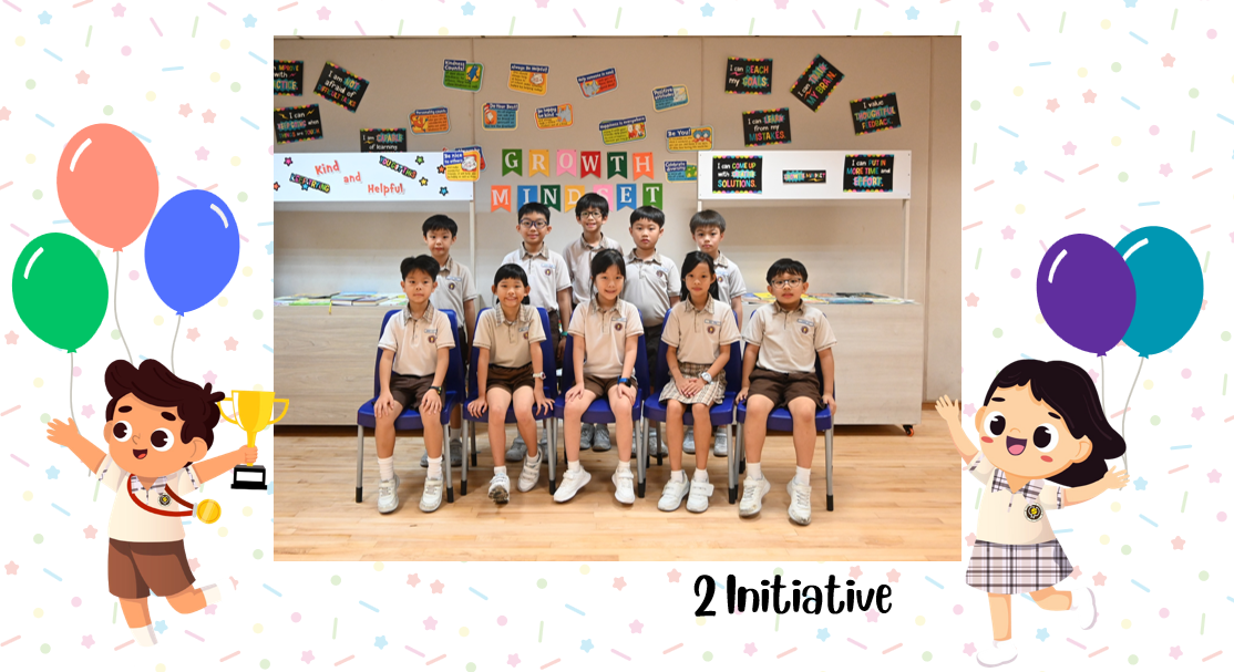 A group of Primary 2I students posing for a class photo after receiving class awards.