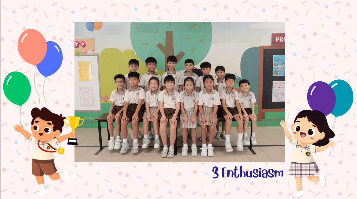Group of young students in uniform posing for a class photo indoors, labeled 3 Enthusiasm, with cartoon kids and balloons.