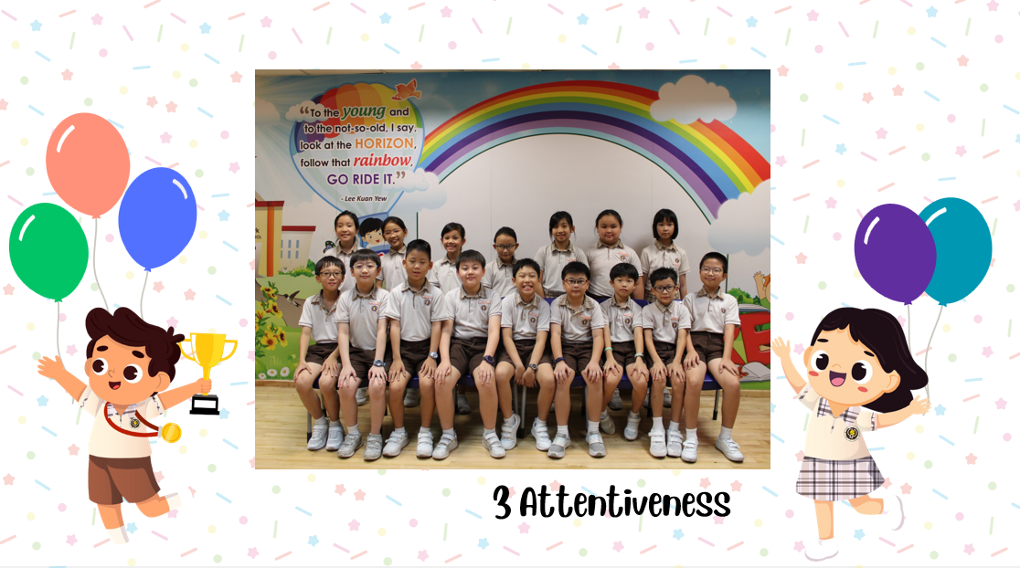 A group of Primary 3A students posing for a class photo after receiving class awards.
