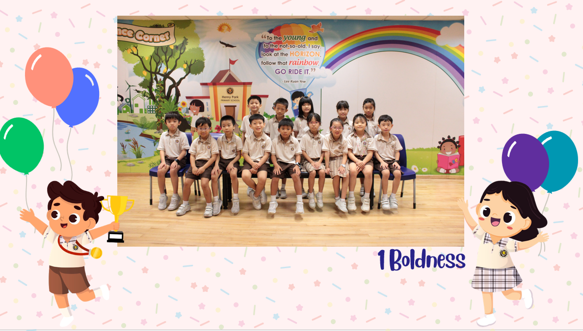 A group of Primary 1B students posing for a class photo after receiving class awards.