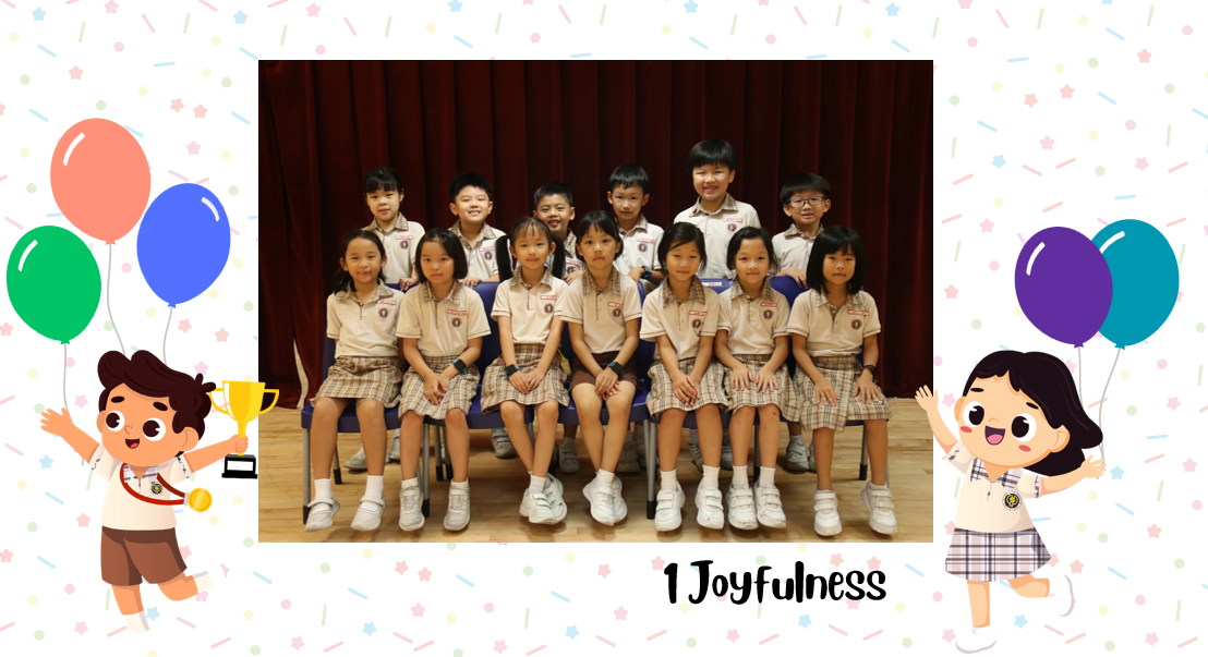 A group of Primary 1J students posing for a class photo after receiving class awards.