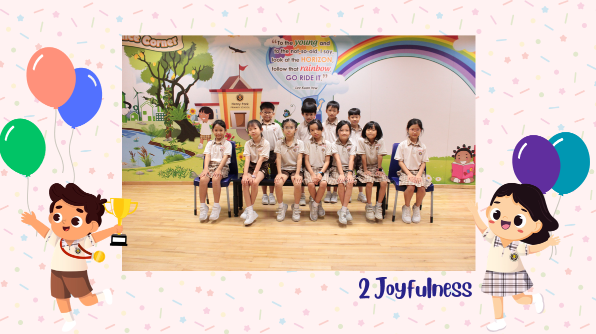 A group of Primary 2J students posing for a class photo after receiving class awards.
