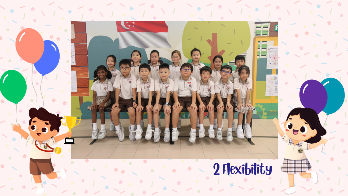 A group of Primary 2F students posing for a class photo after receiving class awards.