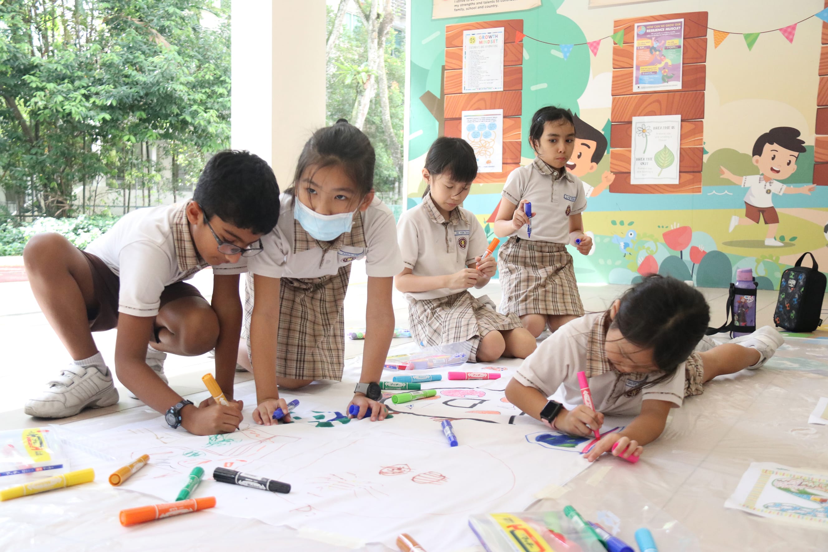 Students engaging in art and music activities during recess.