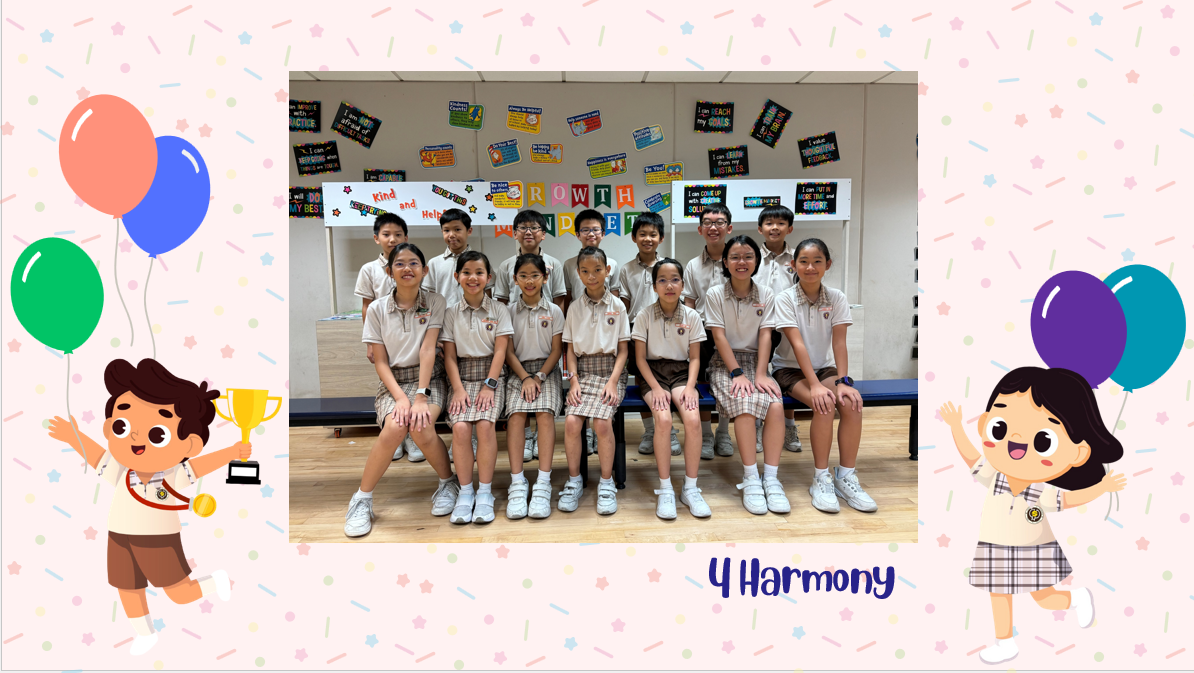 A group of Primary 4H students posing for a class photo after receiving class awards.