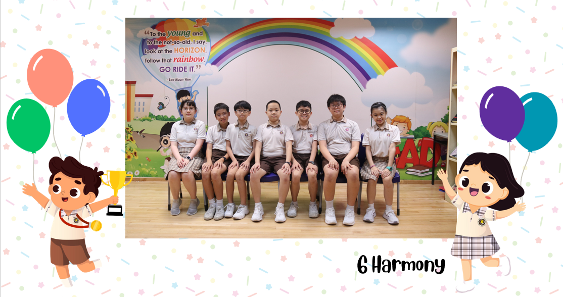 A group of Primary 6H students posing for a class photo after receiving class awards.