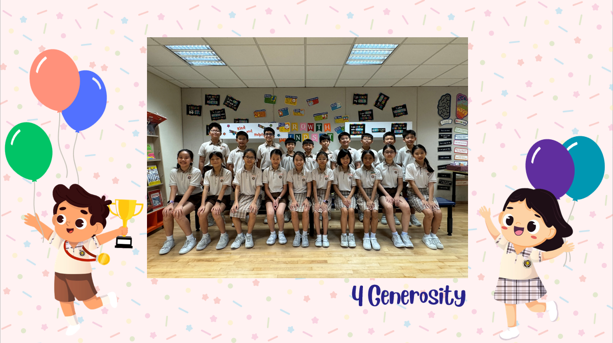 A group of Primary 4G students posing for a class photo after receiving class awards.