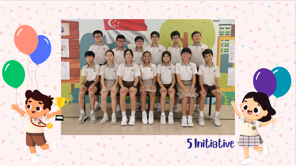 A group of Primary 5I students posing for a class photo after receiving class awards.
