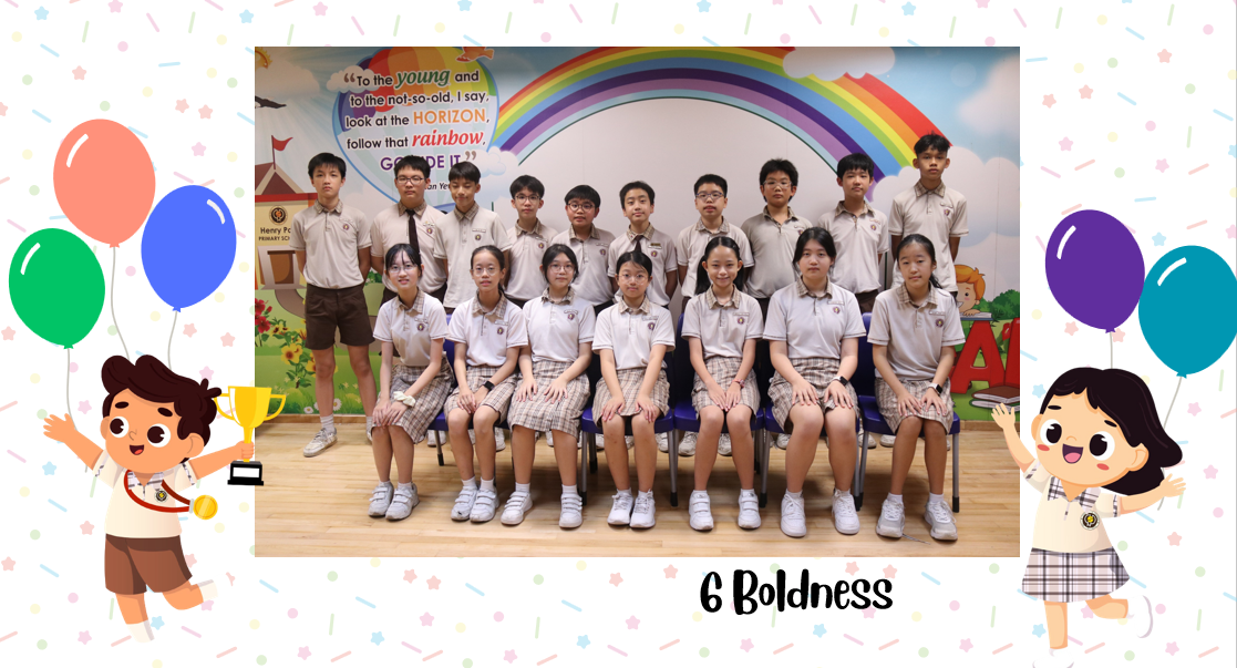 A group of Primary 6B students posing for a class photo after receiving class awards.