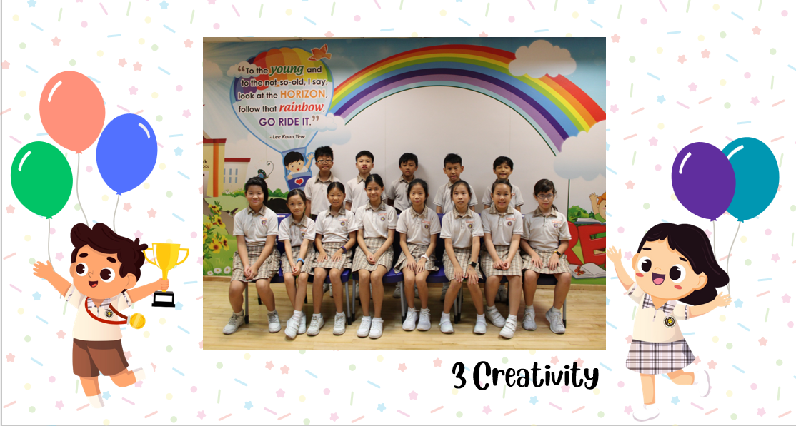 A group of Primary 3C students posing for a class photo after receiving class awards.