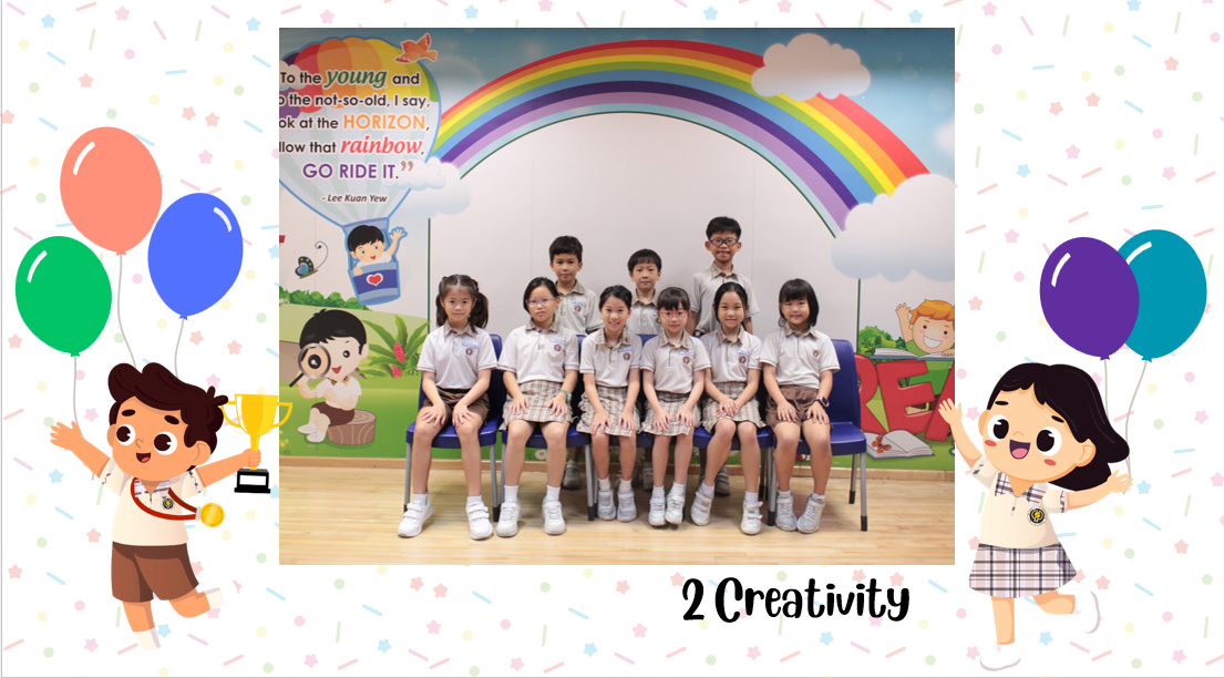 A group of Primary 2C students posing for a class photo after receiving class awards.