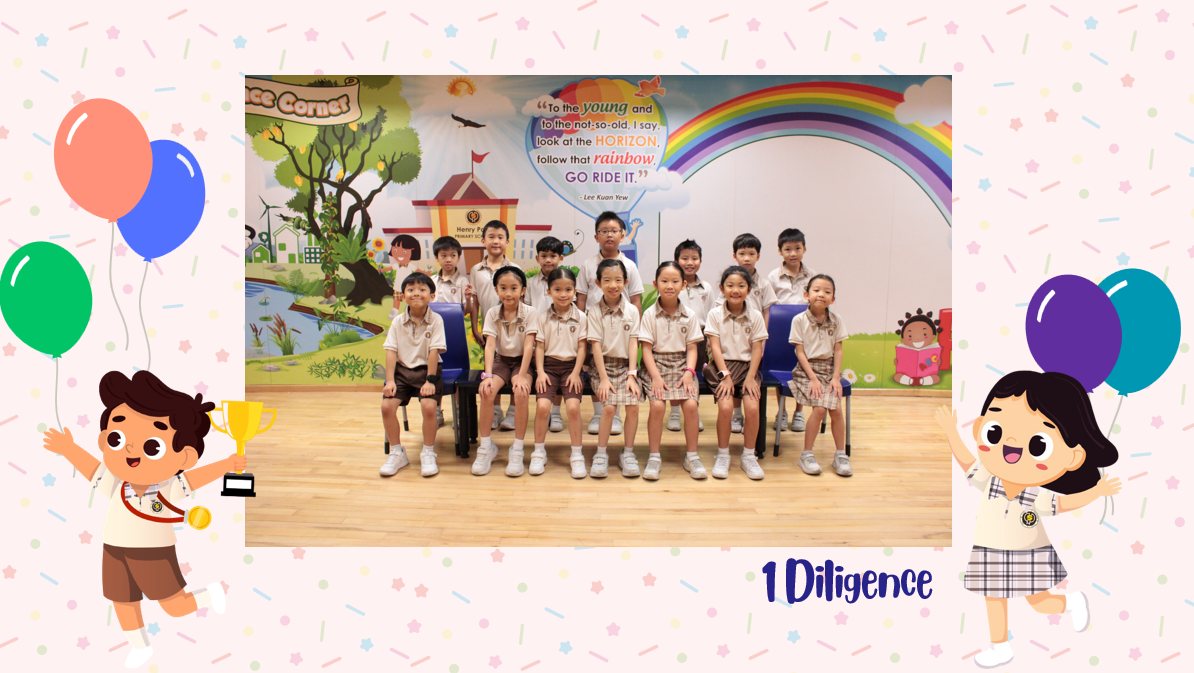 A group of Primary 1D students posing for a class photo after receiving class awards.