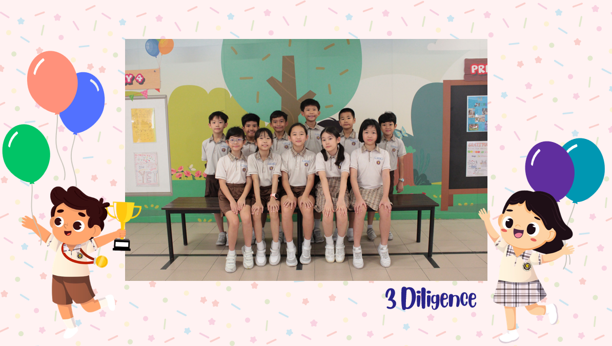 A group of Primary 3D students posing for a class photo after receiving class awards.
