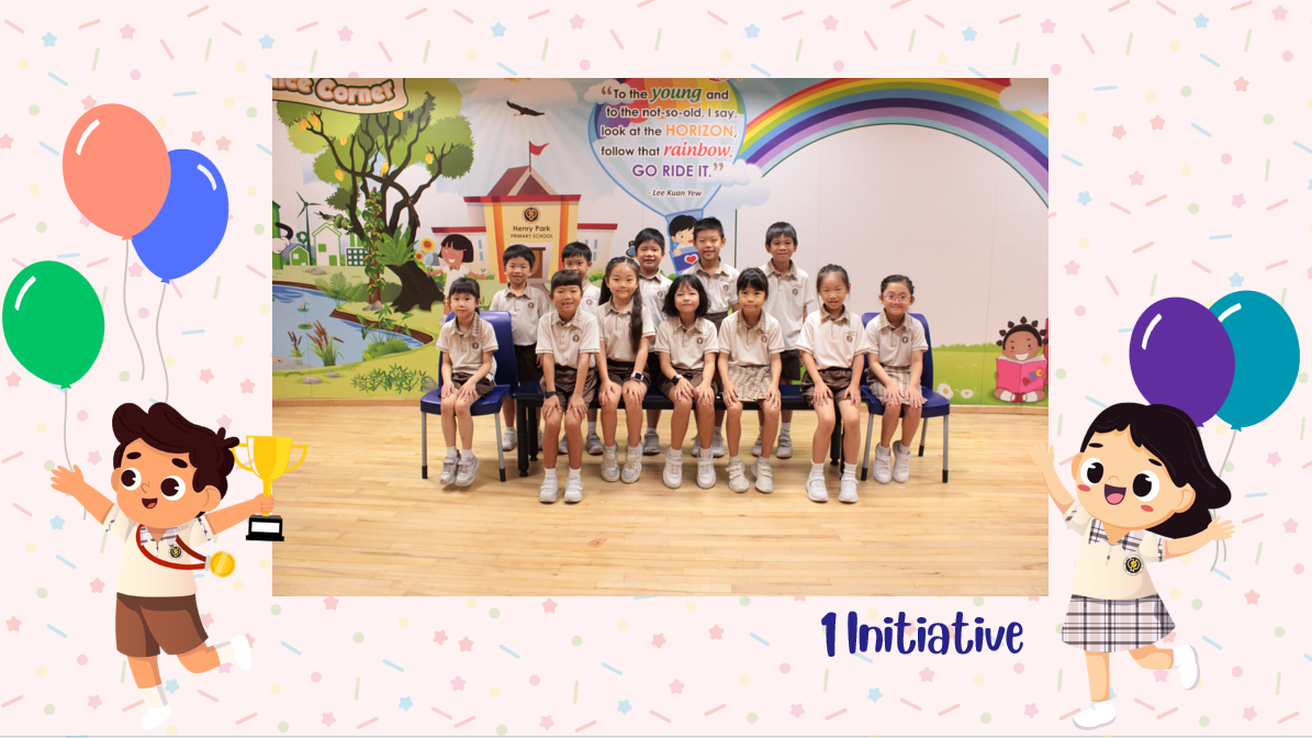 A group of Primary 1I students posing for a class photo after receiving class awards.